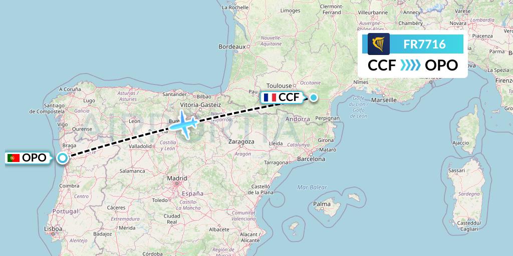 FR7716 Ryanair Flight Map: Carcassonne to Porto