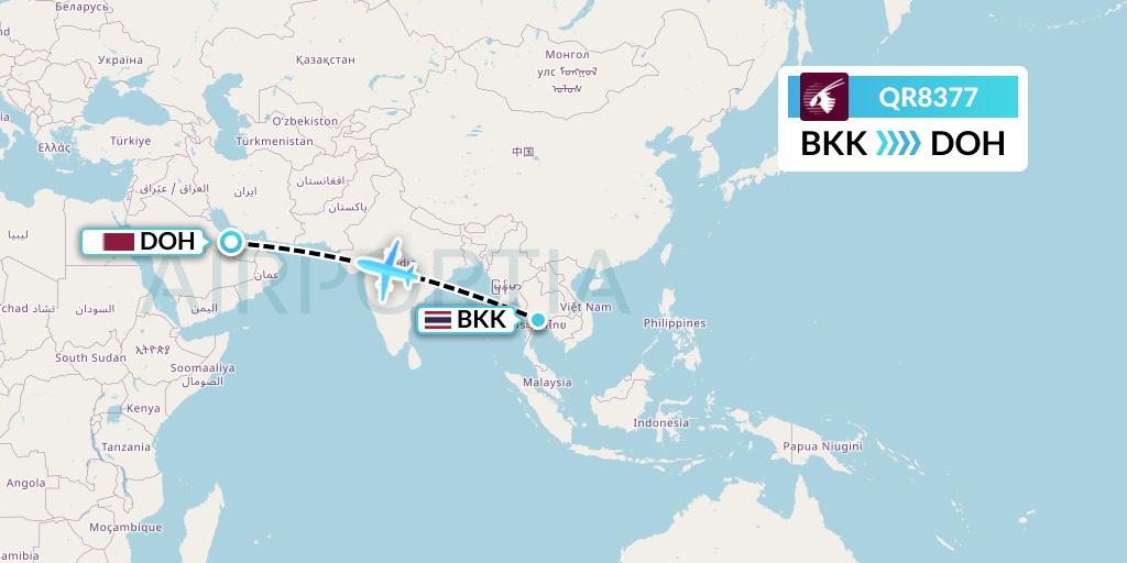 QR8377 Qatar Airways Flight Map: Bangkok to Doha