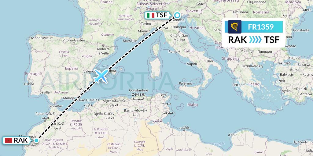FR1359 Ryanair Flight Map: Marrakesh to Treviso