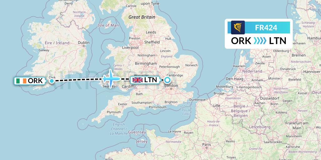 FR424 Ryanair Flight Map: Cork to London