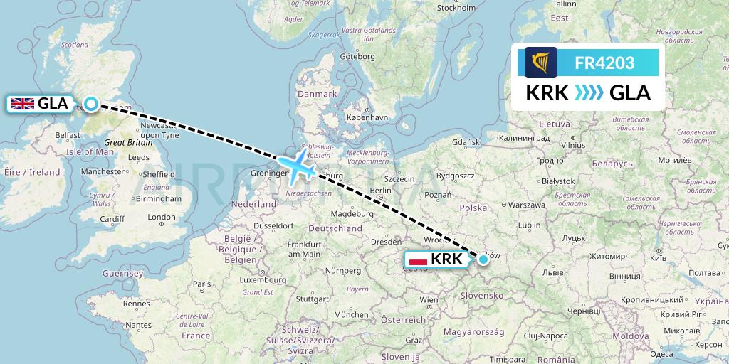 FR4203 Ryanair Flight Map: Krakow to Glasgow