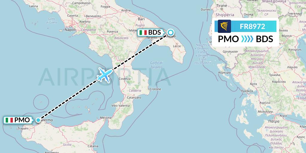 FR8972 Ryanair Flight Map: Palermo to Brindisi