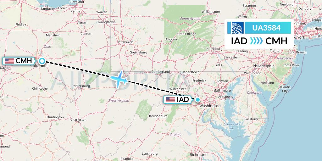 UA3584 United Airlines Flight Map: Washington to Columbus