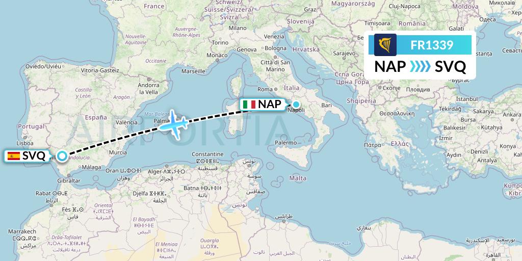 FR1339 Ryanair Flight Map: Naples to Seville