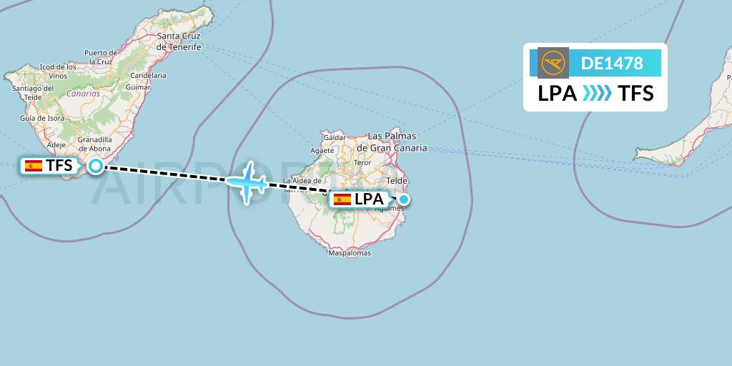 DE1478 Condor Flight Map: Las Palmas to Tenerife