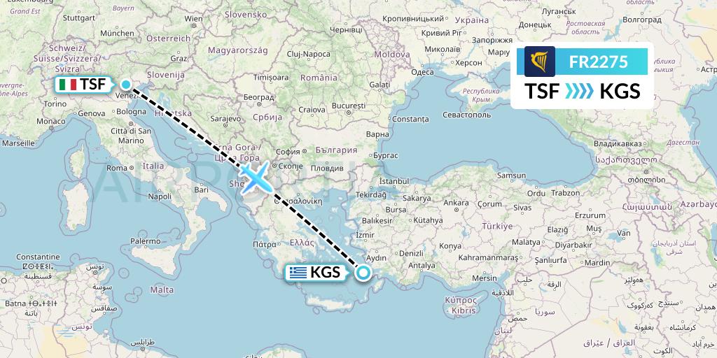 FR2275 Ryanair Flight Map: Treviso to Kos