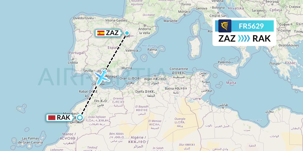 FR5629 Ryanair Flight Map: Zaragoza to Marrakesh 