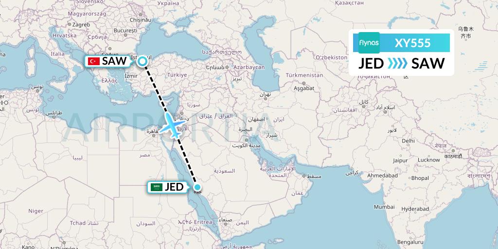 XY555 Flynas Flight Map: Jeddah to Istanbul