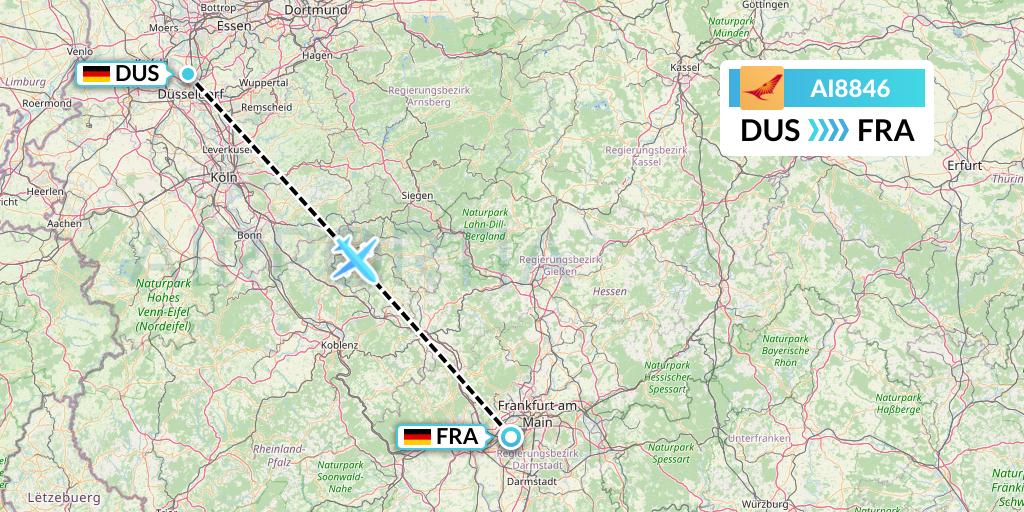 AI8846 Air India Flight Map: Dusseldorf to Frankfurt