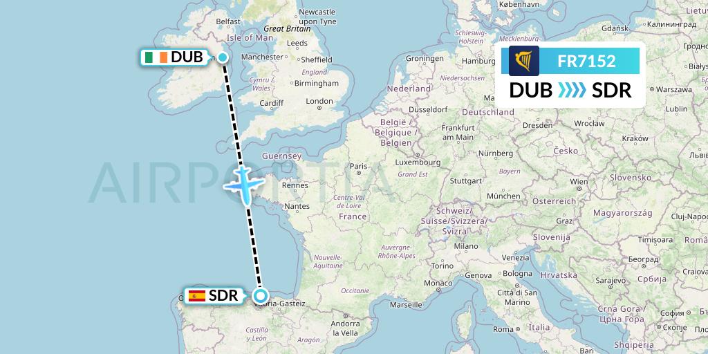 FR7152 Ryanair Flight Map: Dublin to Santander