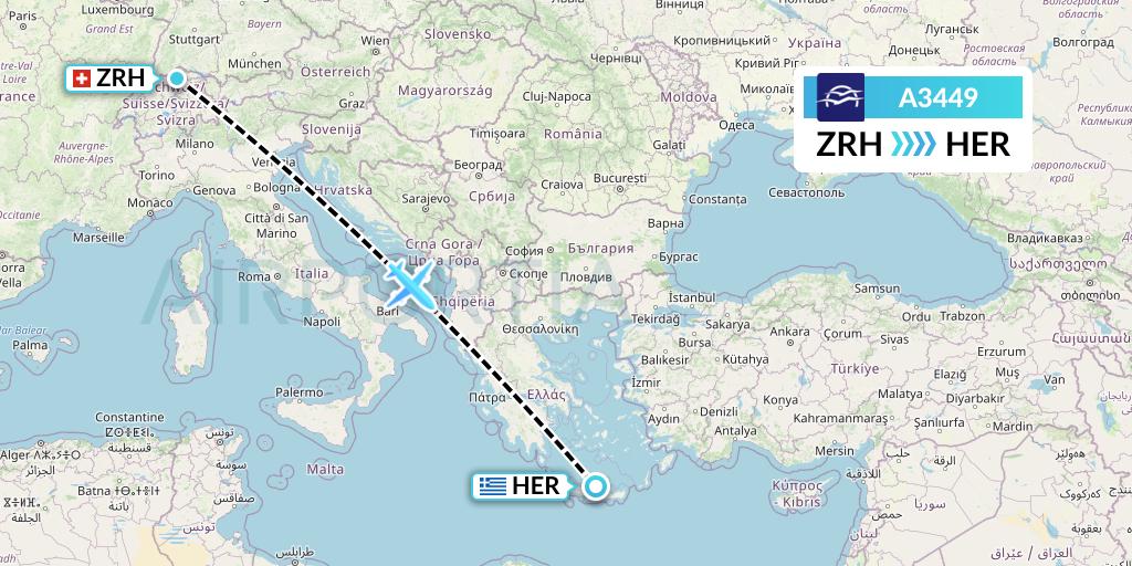 A3449 Aegean Airlines Flight Map: Zurich to Heraklion