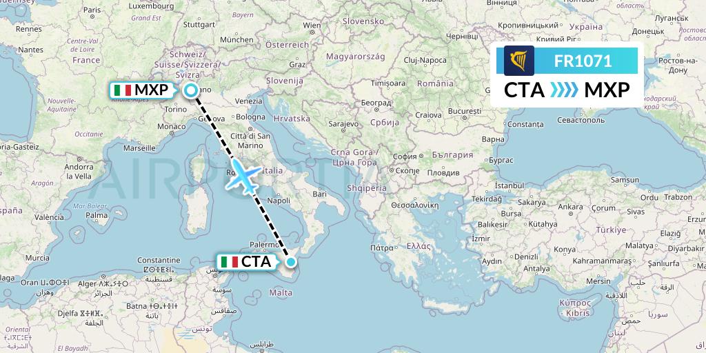 FR1071 Ryanair Flight Map: Catania to Milan