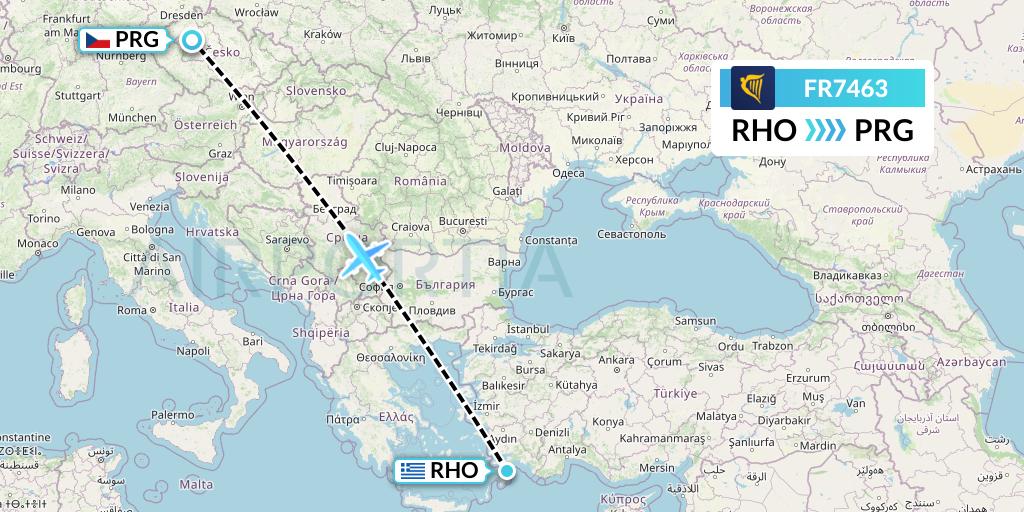 FR7463 Ryanair Flight Map: Rhodes to Prague
