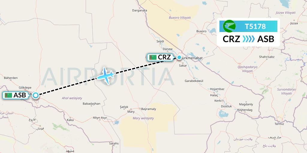 T5178 Turkmenistan Airlines Flight Map: Turkmenabat to Ashgabat
