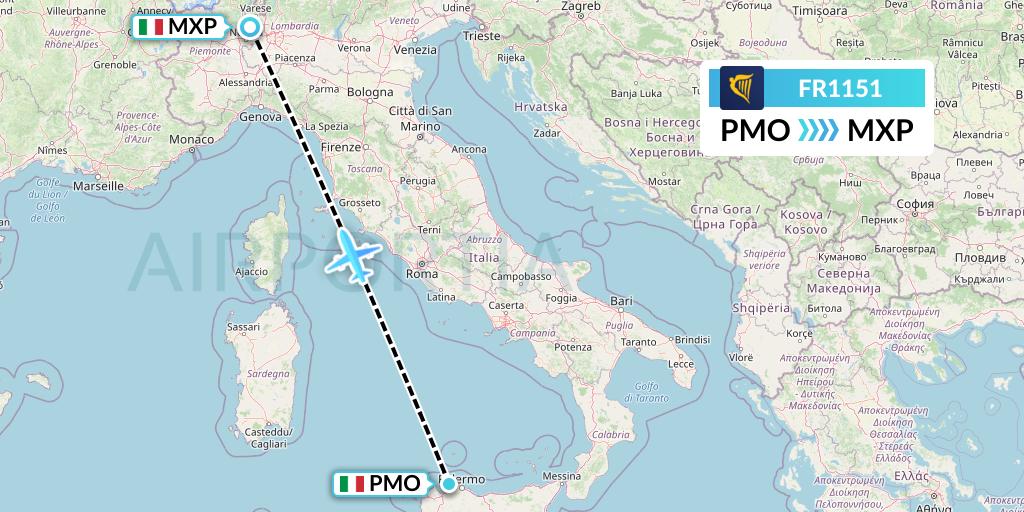 FR1151 Ryanair Flight Map: Palermo to Milan
