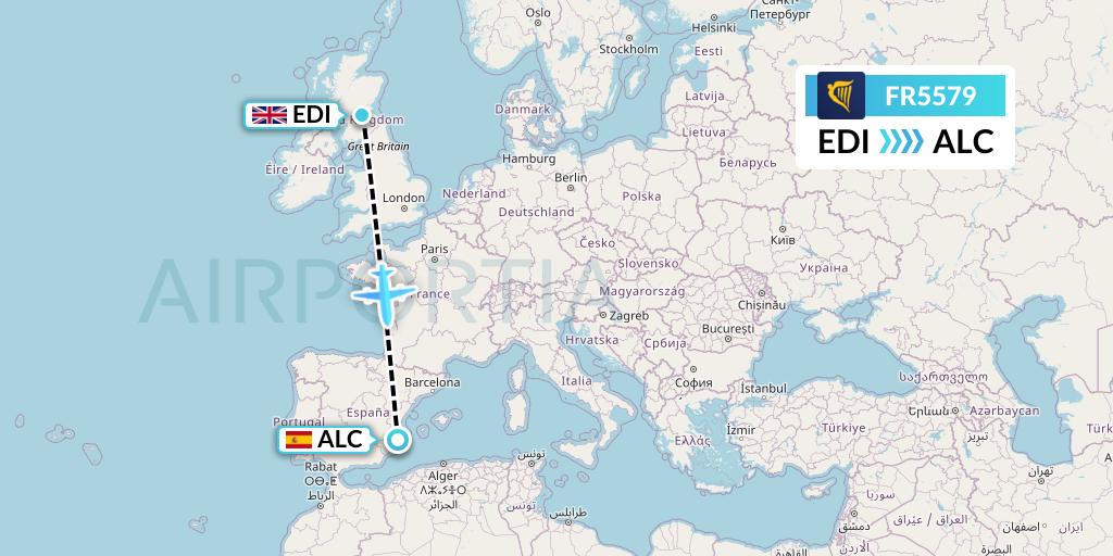 FR5579 Ryanair Flight Map: Edinburgh to Alicante