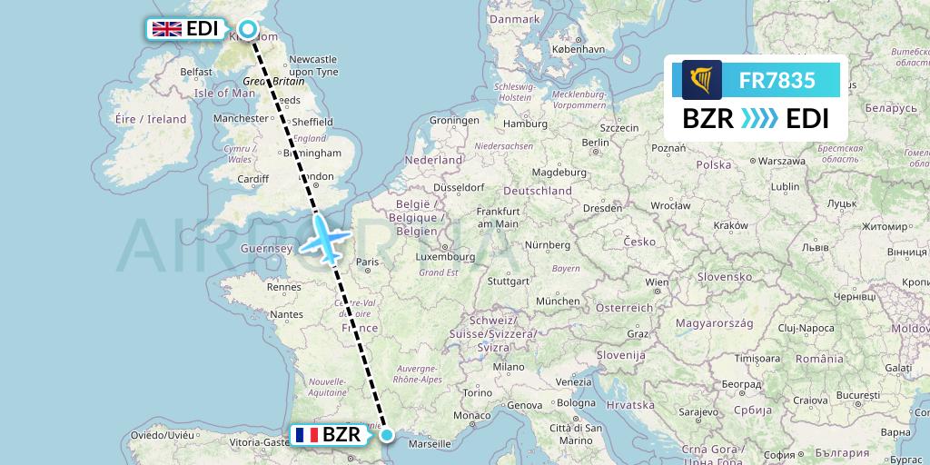 FR7835 Ryanair Flight Map: Beziers to Edinburgh