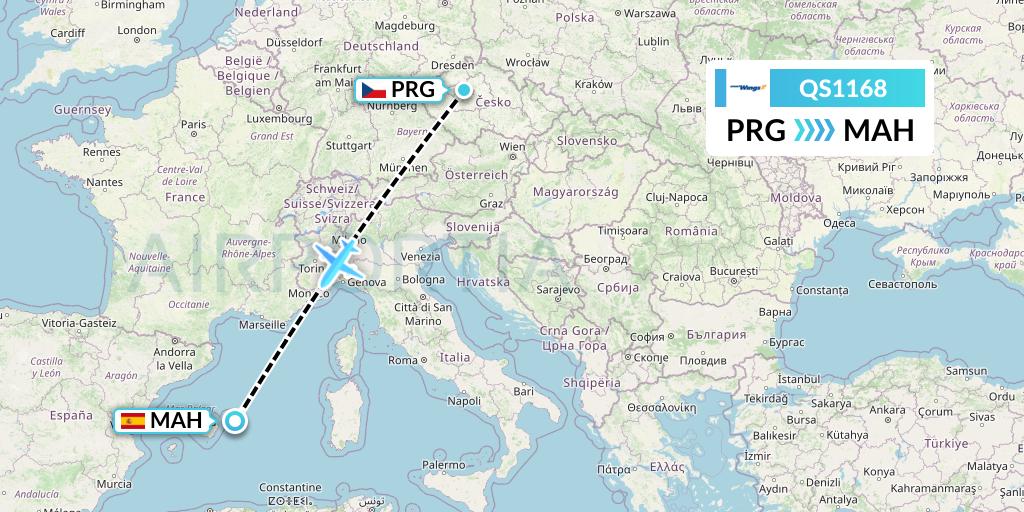 QS1168 Smartwings Flight Map: Prague to Mahon