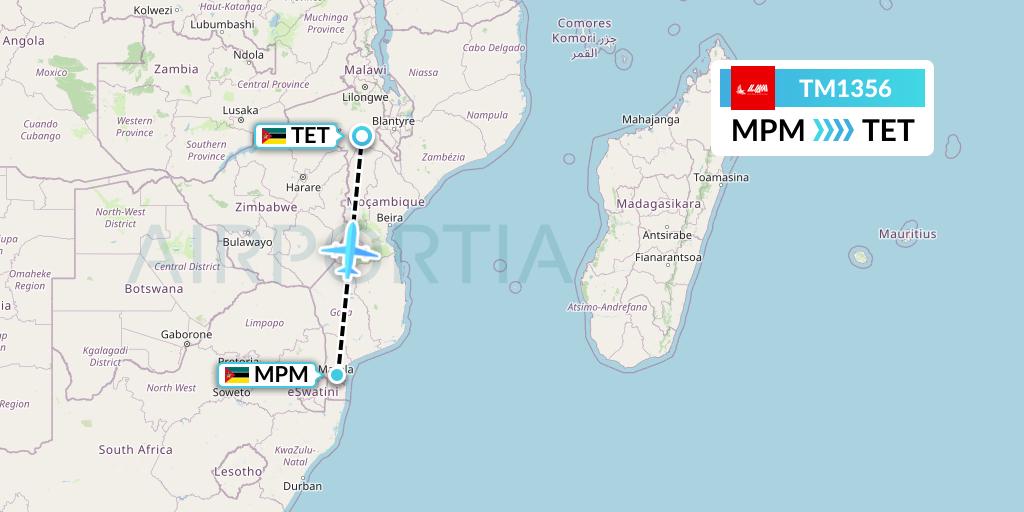 TM1356 LAM Mozambique Airlines Flight Map: Maputo to Tete