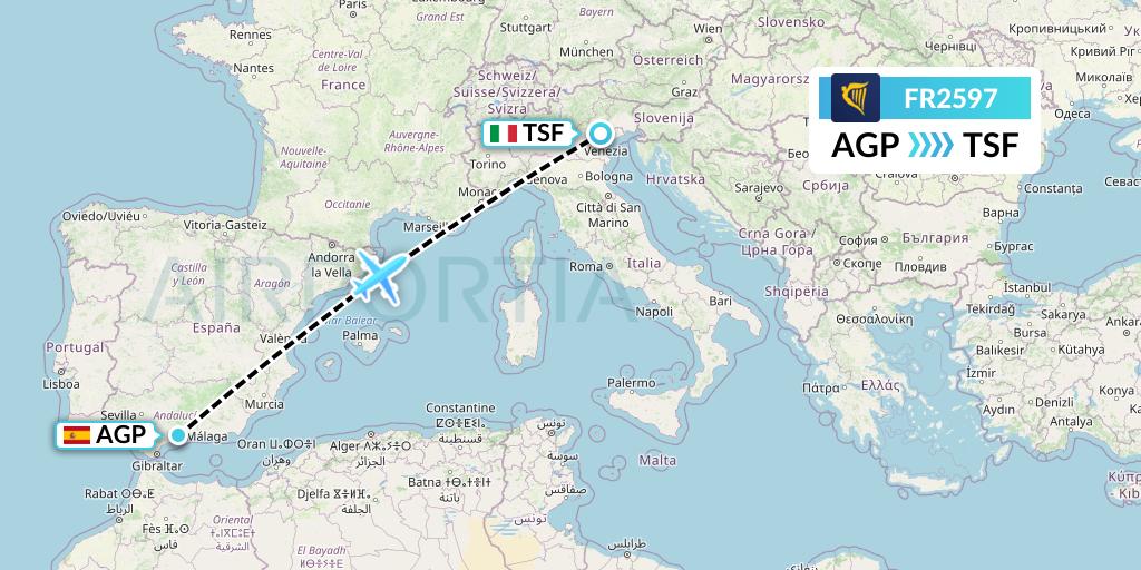 FR2597 Ryanair Flight Map: Malaga to Treviso