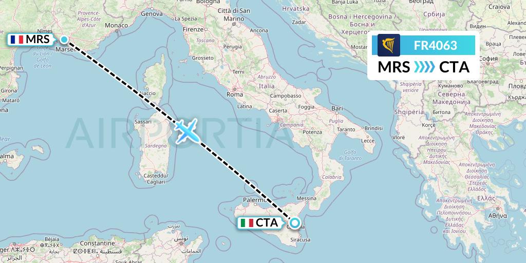 FR4063 Ryanair Flight Map: Marseille to Catania