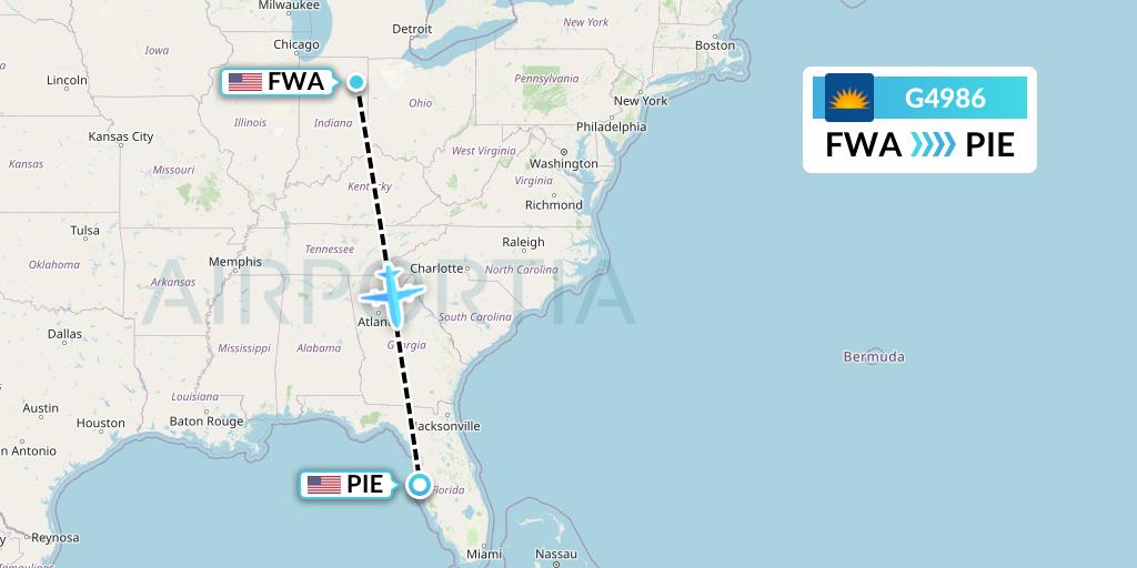 G4986 Allegiant Air Flight Map: Fort Wayne to St. Petersburg