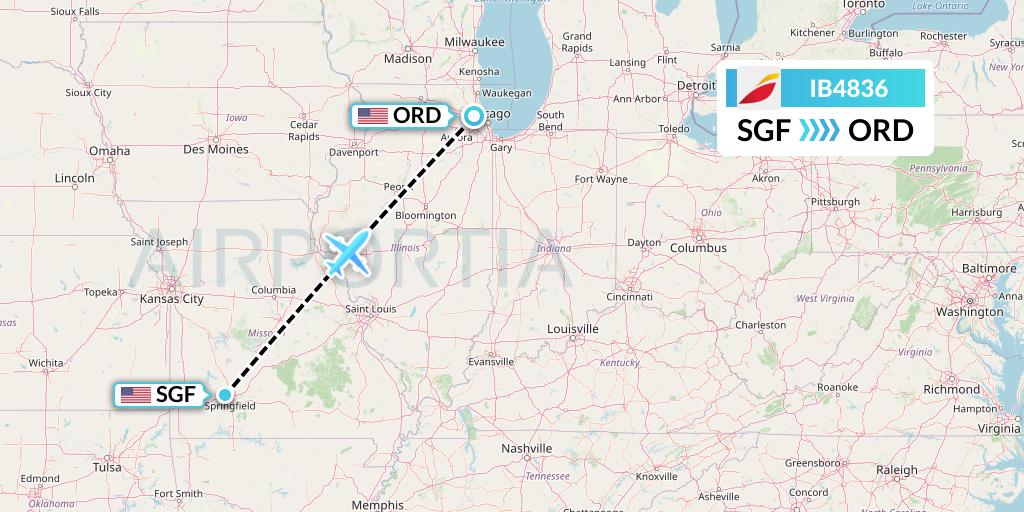 IB4836 Iberia Flight Map: Springfield to Chicago