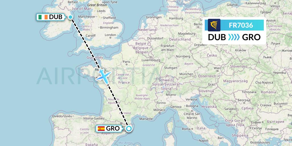 FR7036 Ryanair Flight Map: Dublin to Girona