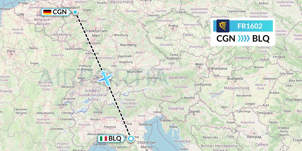 FR1602 Ryanair Flight Map: Cologne to Bologna