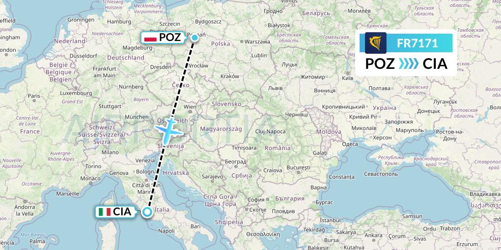 FR7171 Ryanair Flight Map: Poznan to Rome