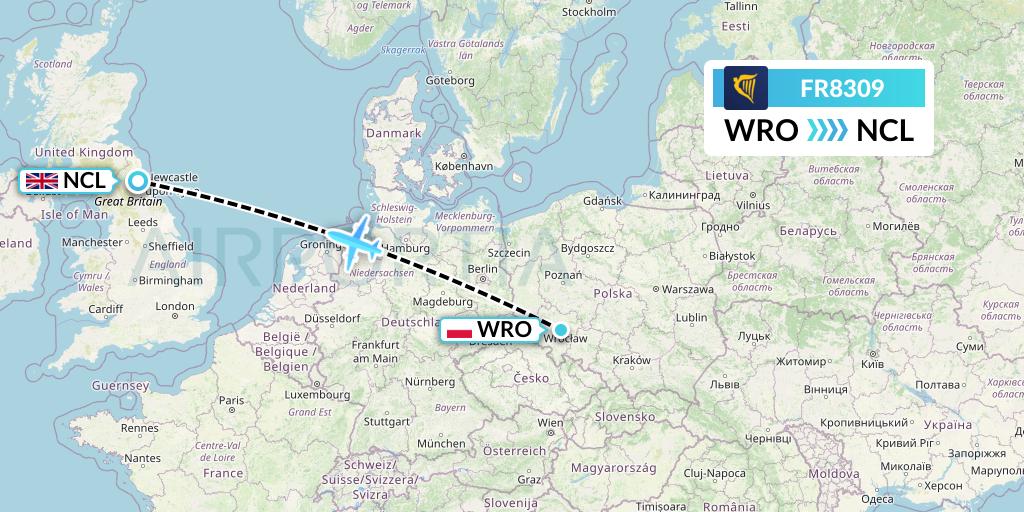 FR8309 Ryanair Flight Map: Wroclaw to Newcastle