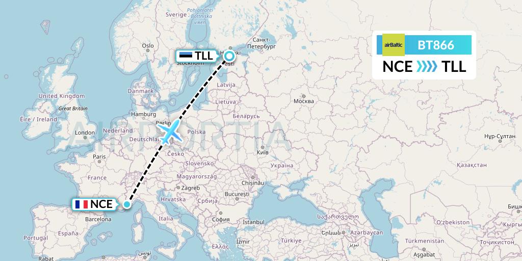 BT866 Air Baltic Flight Map: Nice to Tallinn