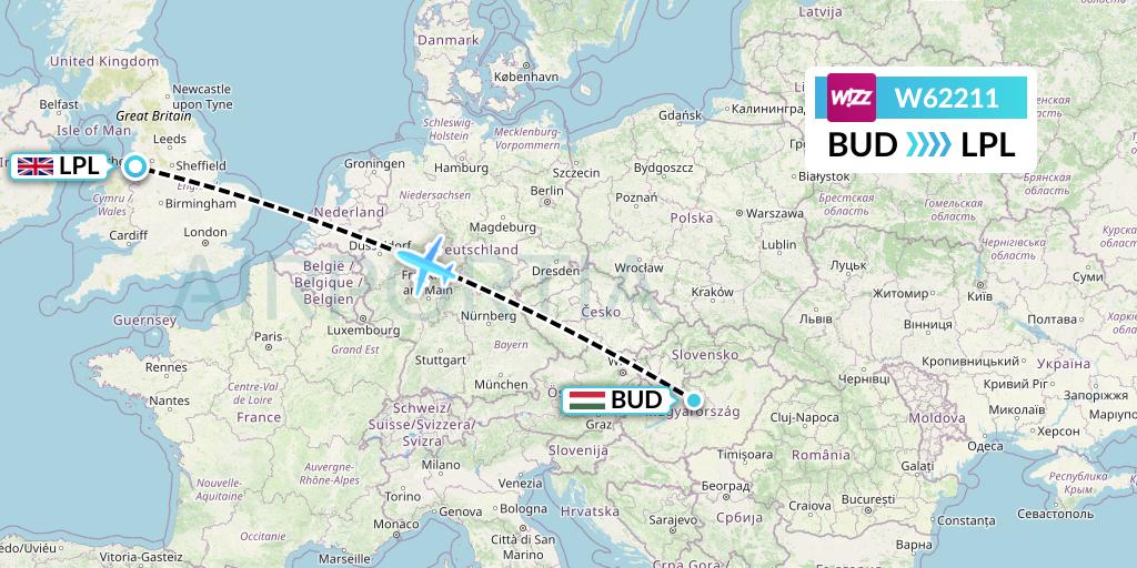 W62211 Wizz Air Flight Map: Budapest to Liverpool