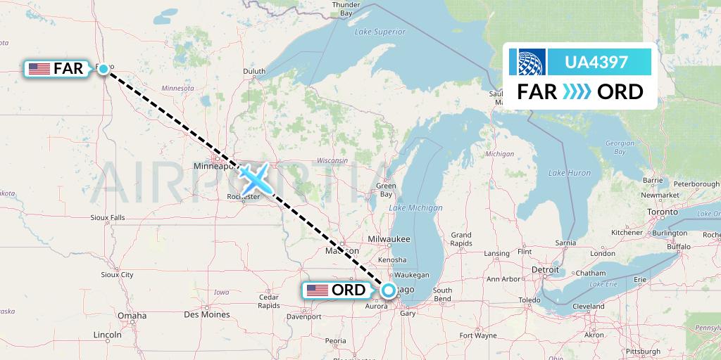 UA4397 United Airlines Flight Map: Fargo to Chicago