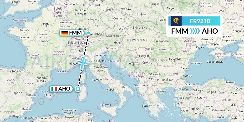 FR9218 Ryanair Flight Map: Memmingen to Alghero