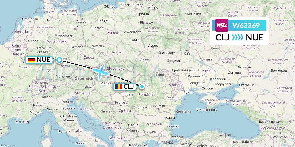 W63369 Wizz Air Flight Map: Cluj-Napoca to Nurnberg