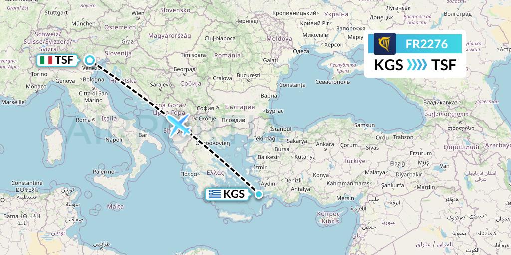FR2276 Ryanair Flight Map: Kos to Treviso