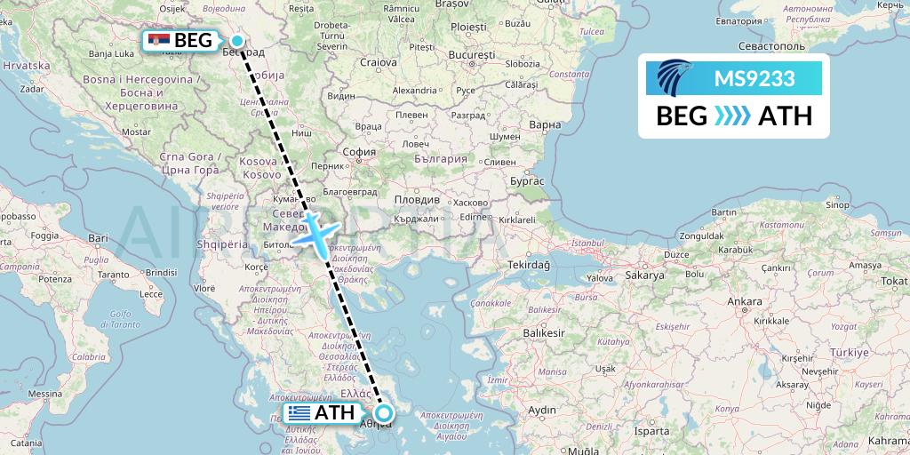 MS9233 EgyptAir Flight Map: Belgrade to Athens