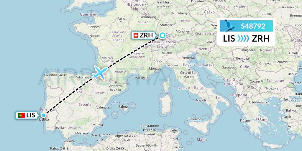 S48792 Azores Airlines Flight Map: Lisbon to Zurich