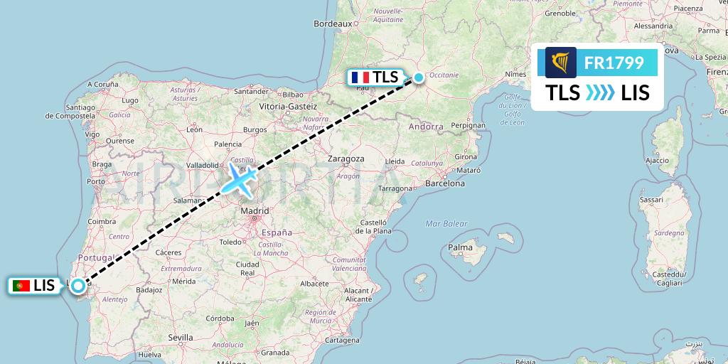 FR1799 Ryanair Flight Map: Toulouse to Lisbon