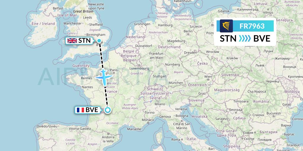 FR7963 Ryanair Flight Map: London to Brive