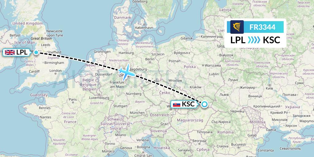 FR3344 Ryanair Flight Map: Liverpool to Kosice