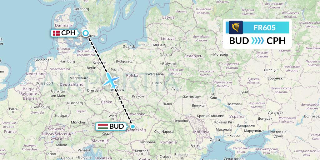 FR605 Ryanair Flight Map: Budapest to Copenhagen