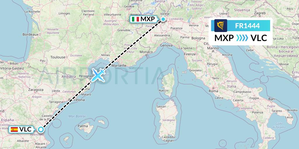 FR1444 Ryanair Flight Map: Milan to Valencia