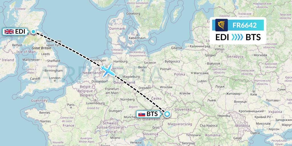 FR6642 Ryanair Flight Map: Edinburgh to Bratislava