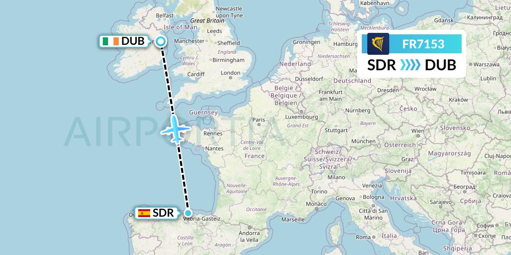 FR7153 Ryanair Flight Map: Santander to Dublin