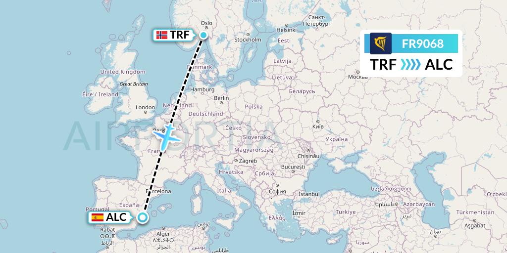 FR9068 Ryanair Flight Map: Oslo to Alicante