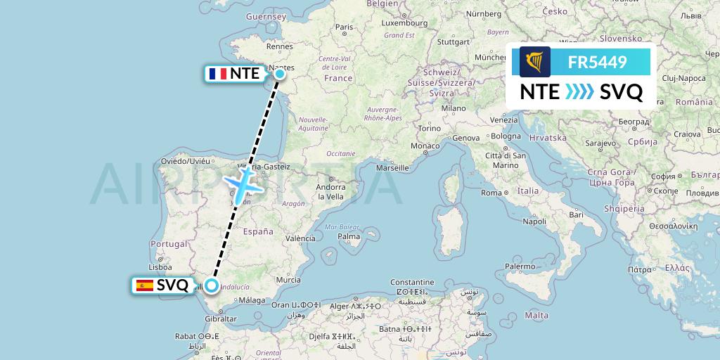 FR5449 Ryanair Flight Map: Nantes to Seville