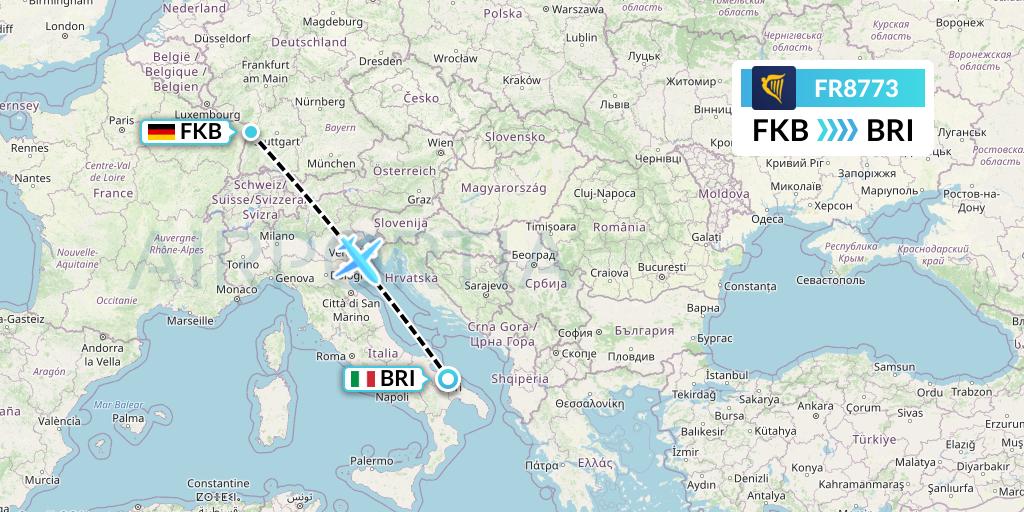 FR8773 Ryanair Flight Map: Karlsruhe/Baden-Baden to Bari