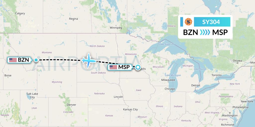 SY304 Sun Country Airlines Flight Map: Bozeman to Minneapolis
